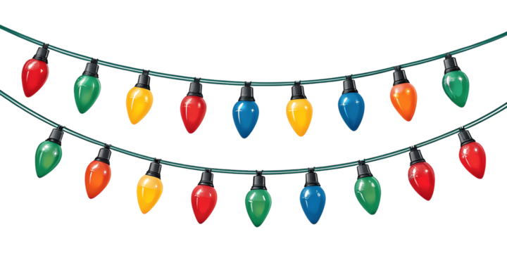 A string of colorful christmas lights isolated on transparent background