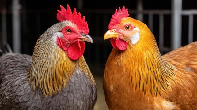 Two colorful chickens facing each other in a farm setting with a blurred background