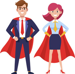 Super Hero Businessman and Business Woman Characters in Red Cape. Leadership Teamwork, Career Growth, Goal Achievement Concept. Flat Vector Cartoon Illustration stock 
