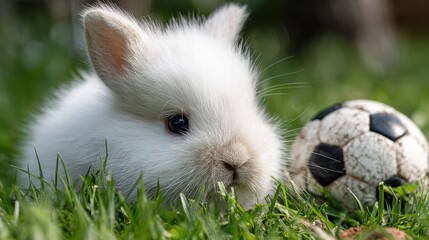 Fluffy white bunny in grass with soccer ball
