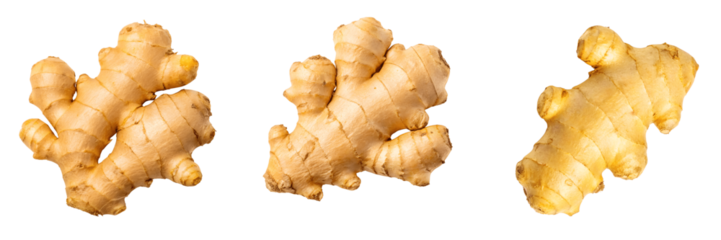 Set For pieces of fresh ginger root are isolated on transparent background