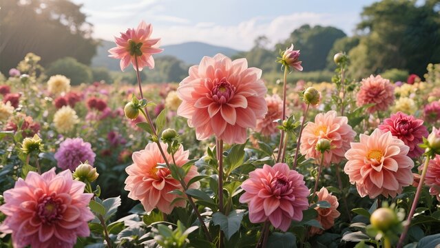 dahlia flower field in bloom