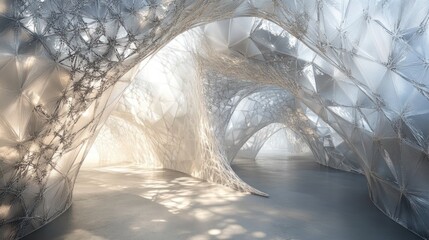 Abstract architectural exhibit, translucent structures, sunlight streams, indoor exhibit space
