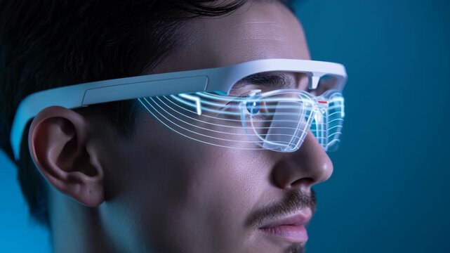 Futuristic smart glasses wearable technology featuring digital interface and holographic display with advanced edge technology blue light environment