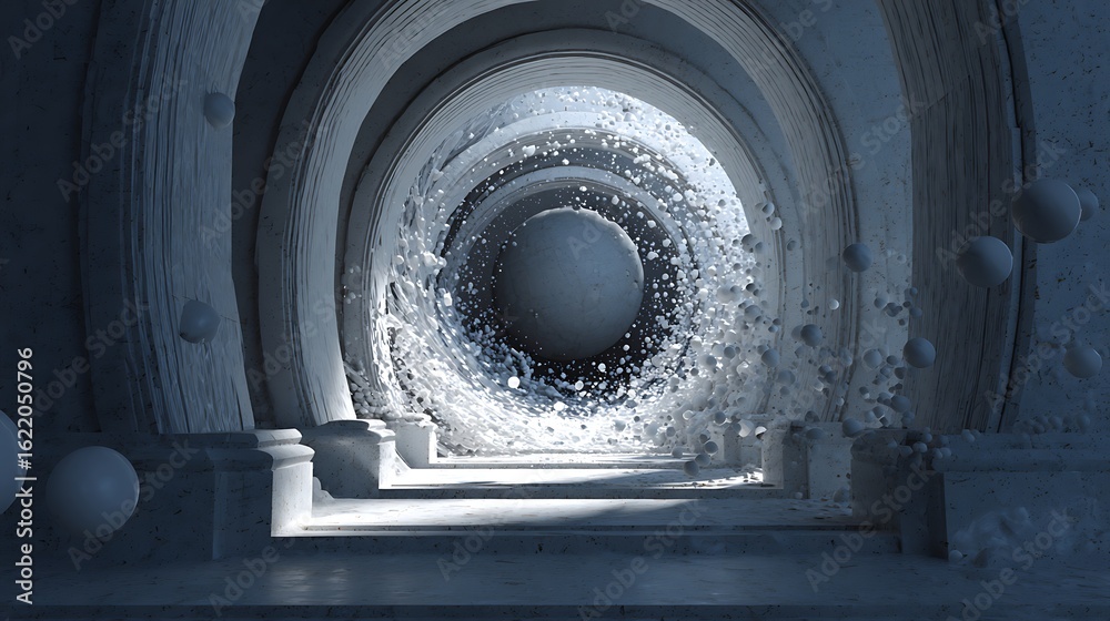 Wall mural abstract 3d render of a futuristic tunnel with arches and a sphere in the center, creating a sense o
