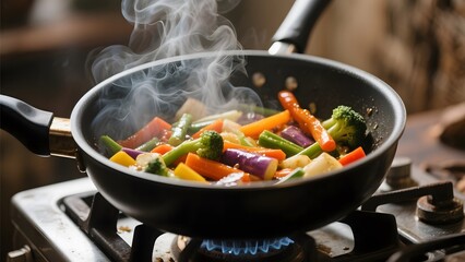 Sizzling Vegetables in a Frying Pan on a Gas Stove