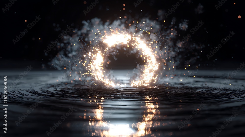 Canvas Prints a glowing ring portal reflected in water, creating a magical and futuristic scene with sparks and en