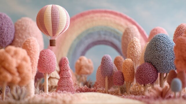 Pastel colored whimsical forest with hot air balloon and rainbow - Powered by Adobe