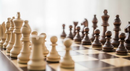 Chess pieces aligned on a chessboard, ready for a game, with white pieces facing black pieces.