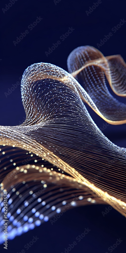 Canvas Prints abstract golden wavy lines with glowing dots create a futuristic and elegant design on a dark blue b