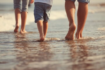 Three people walk on a sandy beach, their feet sinking into the receding wave water