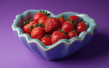 Heart-shaped bowl of strawberries on a purple background
