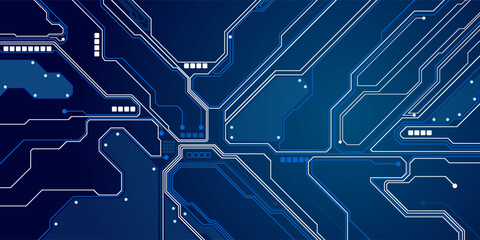Thin circuit trace lines in blue on a dark technology background. Abstract digital tech bg. Electronics and computer technology concept. Chip and circuit board. Vector illustration. Chip connectors.