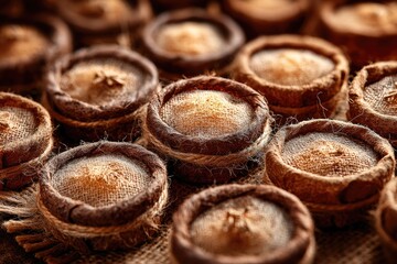 Close-up of many small, round, light-brown containers, wrapped in brown twine