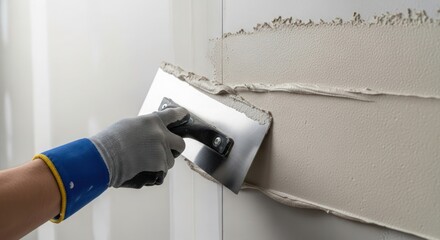 A gloved hand skillfully applies a layer of plaster to a wall using a metal trowel.