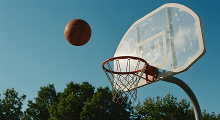 Naklejka premium Cinematic Shot of Basketball Mid-Air Aligning with Hoop Against Clear Blue Sky in Dramatic Sports Moment