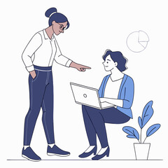 Two women collaborating on a project with a laptop and pie chart