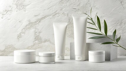 Arrangement of white cosmetic containers and tubes with a green plant on marble background