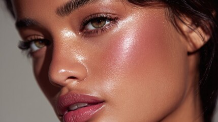 Fototapeta premium Model Showcasing a Radiant Cheek Highlighter Glow With Blurred Background Capturing a Beauty Editorial Moment