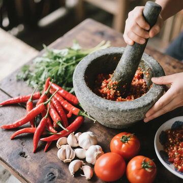 Close-up of Hands Grinding Spicy Sambal with a Traditional Mortar and Pestle