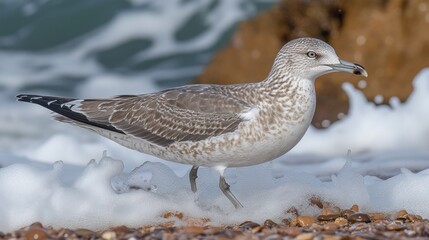 Obraz premium Juvenile Herring Gull Forages on Shoreline in Early Morning