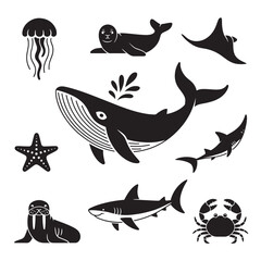 Collection of Black and White Sea Animal Illustrations Featuring Whale Shark Crab Jellyfish Starfish and Walrus