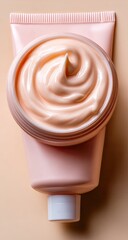 Pink cream tube and jar, light peach backdrop.  Cream swirls