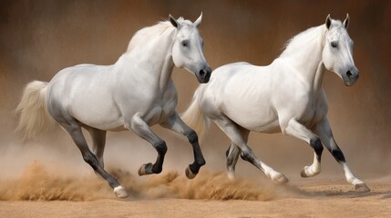 Two white horses galloping across a dusty terrain with a blurred background