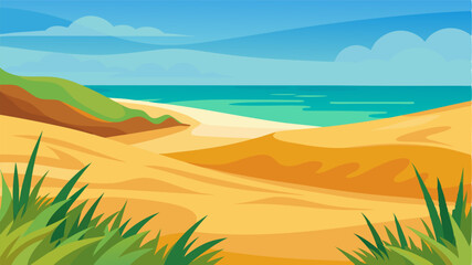 The beach is a symphony of earthy tones golden sand lush green sea grass and rusty dunes all blending together to create a harmonious and serene landscape.
