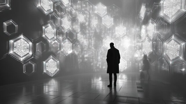 Abstract futuristic hallway; solitary figure contemplates technological design