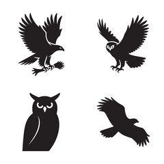 Set of Bird Silhouettes Eagle Owl Flying Icons Collection Black Graphics on White Background Perfect for Logos and Designs
