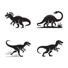 Dinosaur Silhouette Set Vector Illustration Featuring Tyrannosaurus Rex Velociraptor and Brontosaurus in Black and White Minimalist Design