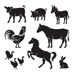 Farm Animals Silhouette Collection Vector Illustration Featuring Horse Cow Pig Chicken Rabbit Duck Donkey Mule and Goose in Black and White Style