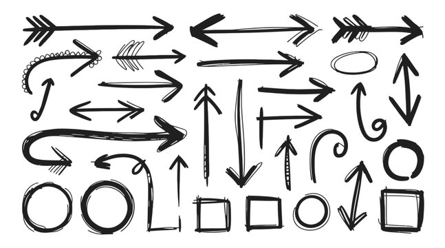 Set of 25 abstract hand-drawn arrows and geometric shapes in black ink, illustrating movement, direction, annotation, and creative markup