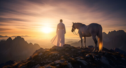 Witness the captivating beauty of an Arabian man and his majestic white horse in the serene desert at sunset, embodying freedom and heritage.