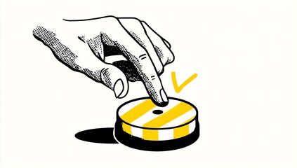 Hand pressing a button with yellow stripes, sketch style with a yellow check mark floating