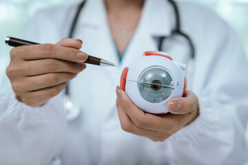 An Asian ophthalmologist examines an elderly patient's eyes for conditions like cataracts,...