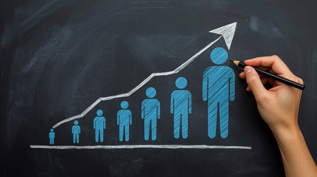 Hand drawing a growth chart with increasing human figures representing population or career progression on a blackboard - Powered by Adobe