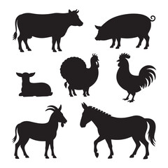 Farm animal silhouettes collection including cow pig turkey horse goat rooster and lamb on a white background