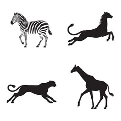 African Animal Silhouettes Featuring Zebra Horse Cheetah and Giraffe on White Background Illustration for Wildlife and Safari Concepts