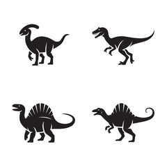 Black Silhouettes of Prehistoric Dinosaurs on a White Background Illustrating Jurassic Period Reptiles and Extinct Species