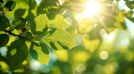 Sunlight filtering through vibrant green leaves creating a soft ethereal glow and dappled light effect