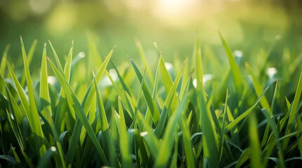 Dewdrops sparkle on vibrant green grass blades bathed in soft morning sunlight creating a serene natural landscape