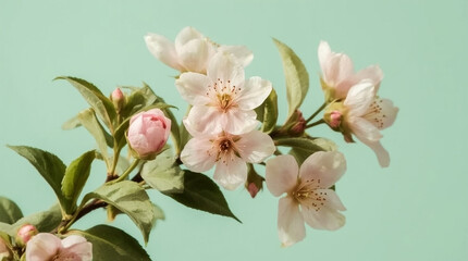 Delicate pale pink blossoms with green leaves bloom against a soft muted green background evoking spring