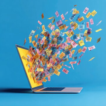 illustration of discount coupons flying out of a laptop screen, digital shopping explosion concept, dynamic composition
