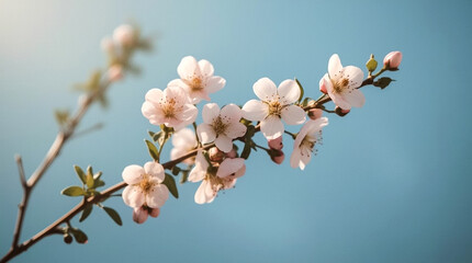 Delicate pale pink blossoms adorn a slender branch against a soft hazy blue background evoking springtime beauty and gentle renewal
