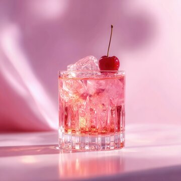 A pink cocktail in an elegant glass, on the top of it is ice and a red berry pastel background minimalist photography