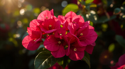 Vibrant magenta bougainvillea blooms bathed in golden sunlight with soft bokeh background