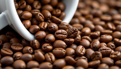 a close up view of whole coffee beans in a white scoop, with a large quantity behind it, indicating abundance or a ready supply.