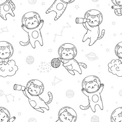 Cute cats in space seamless pattern vector illustration for kids fashion fabric and wallpaper design 100